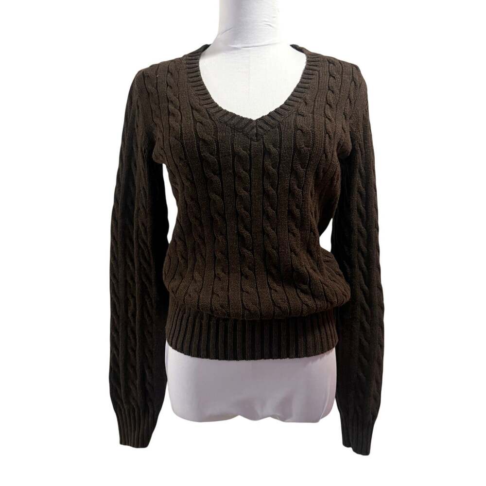 Tommy Hilfiger Chocolate Brown Cable Knit V-Neck Sweater Small Y2K Preppy Fall
